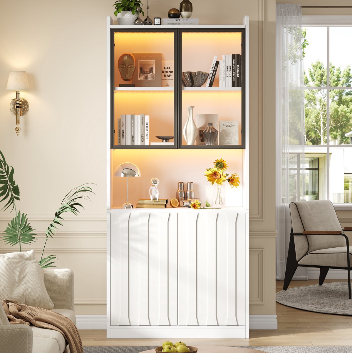 MIVRAY Vitrinekast Met LED Verlichting En Glazen Deuren Moderne Staande Kast Voor Woonkamer En Hal Wit 80x35x200 Cm