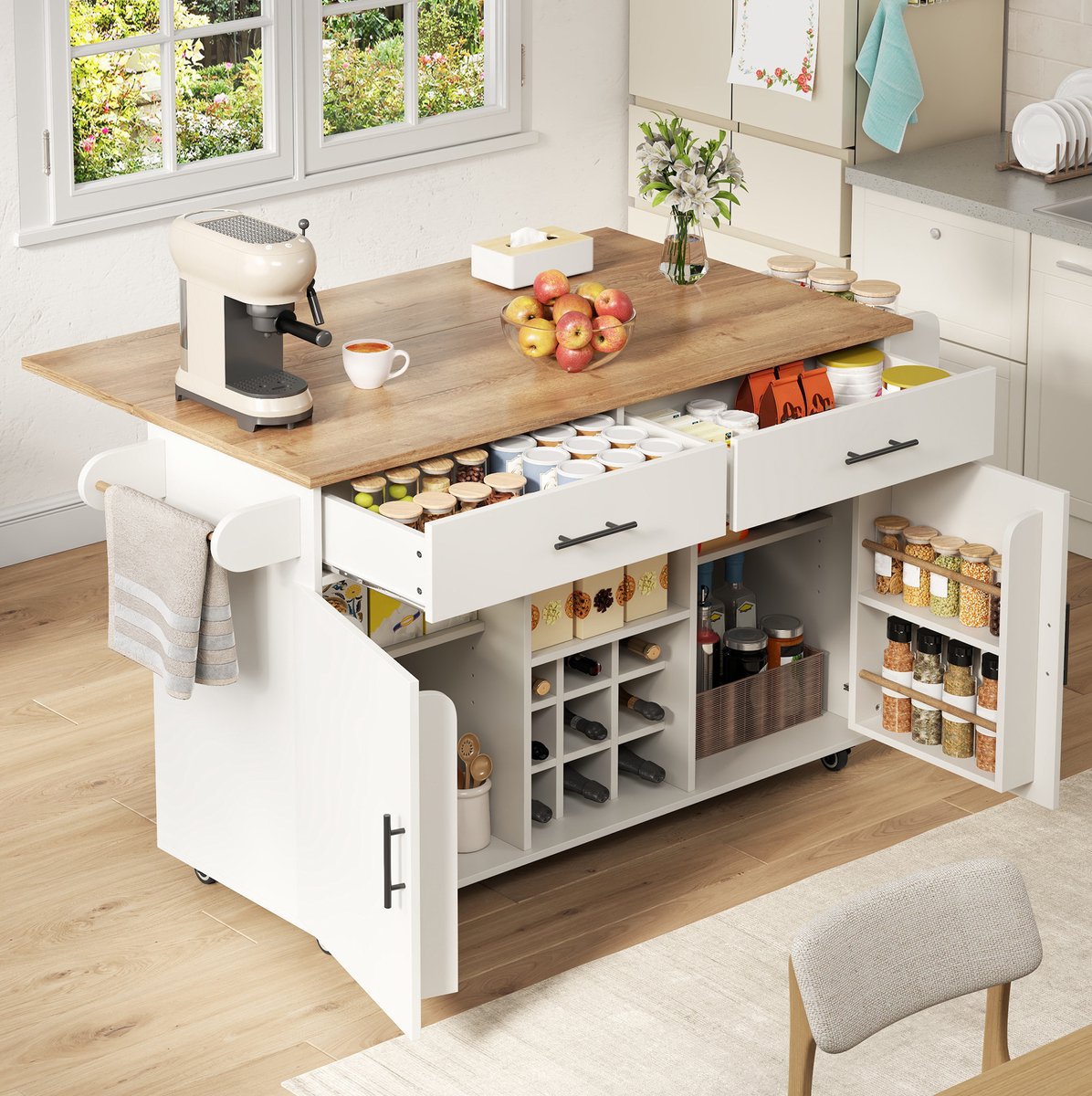 MIVRAY Keuken Eiland Met Wielen En Inklapbaar Werkblad Met Wijnrek En Handdoekhouder Voor Keuken En Eetkamer Wit Houtlook 120 Cm