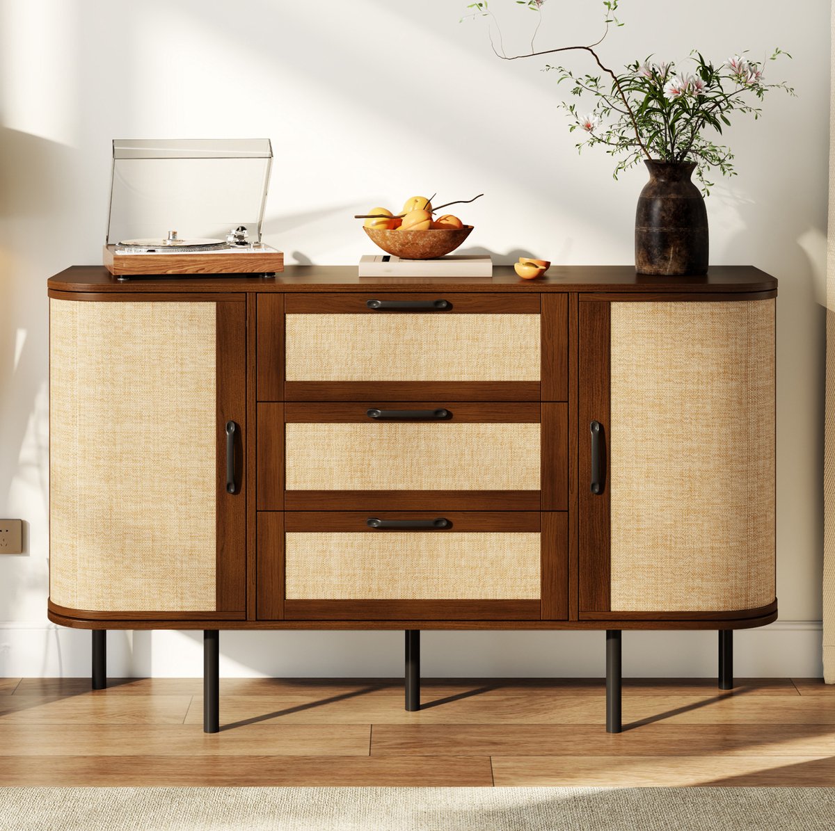 MIVRAY Dressoir - Afgeronde Kast Met 2 Deuren En 3 Lades - Verstelbare Planken Voor Woonkamer En Hal - MDF - 120x40x82 Cm - Walnoot
