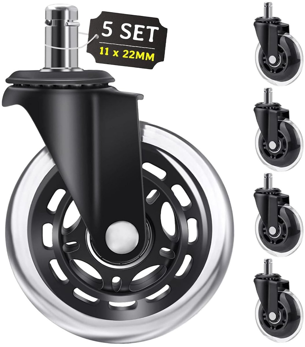 Zwenkwielen voor Bureaustoel - Zwart - 11 mm Stangdiameter - Vervangende Rubber Wielen voor Harde Vloeren - Voor Bureaustoelen