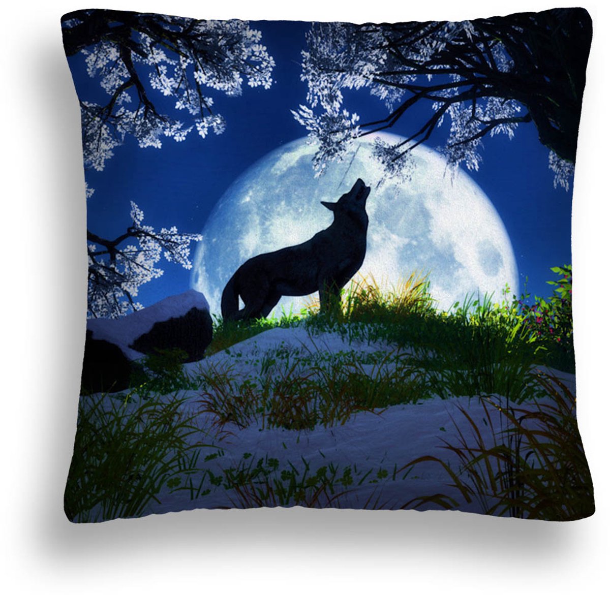 Decoratieve kussen met wolf, maan en boom - 40x40 cm