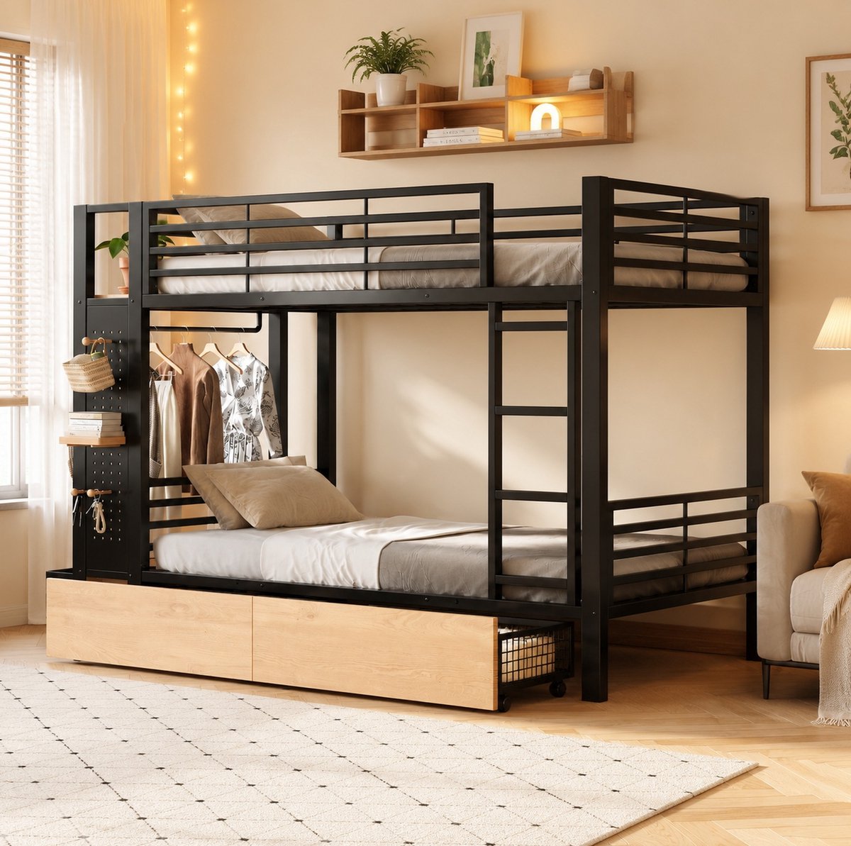 OKWISH Stapelbed 90 x 200 cm - Met Ledverlichting en Opbergruimte - Met Lades en Kledingstang - Voor Slaapkamer of Logeerkamer - Metaal en MDF - Zwart - Zonder Matras