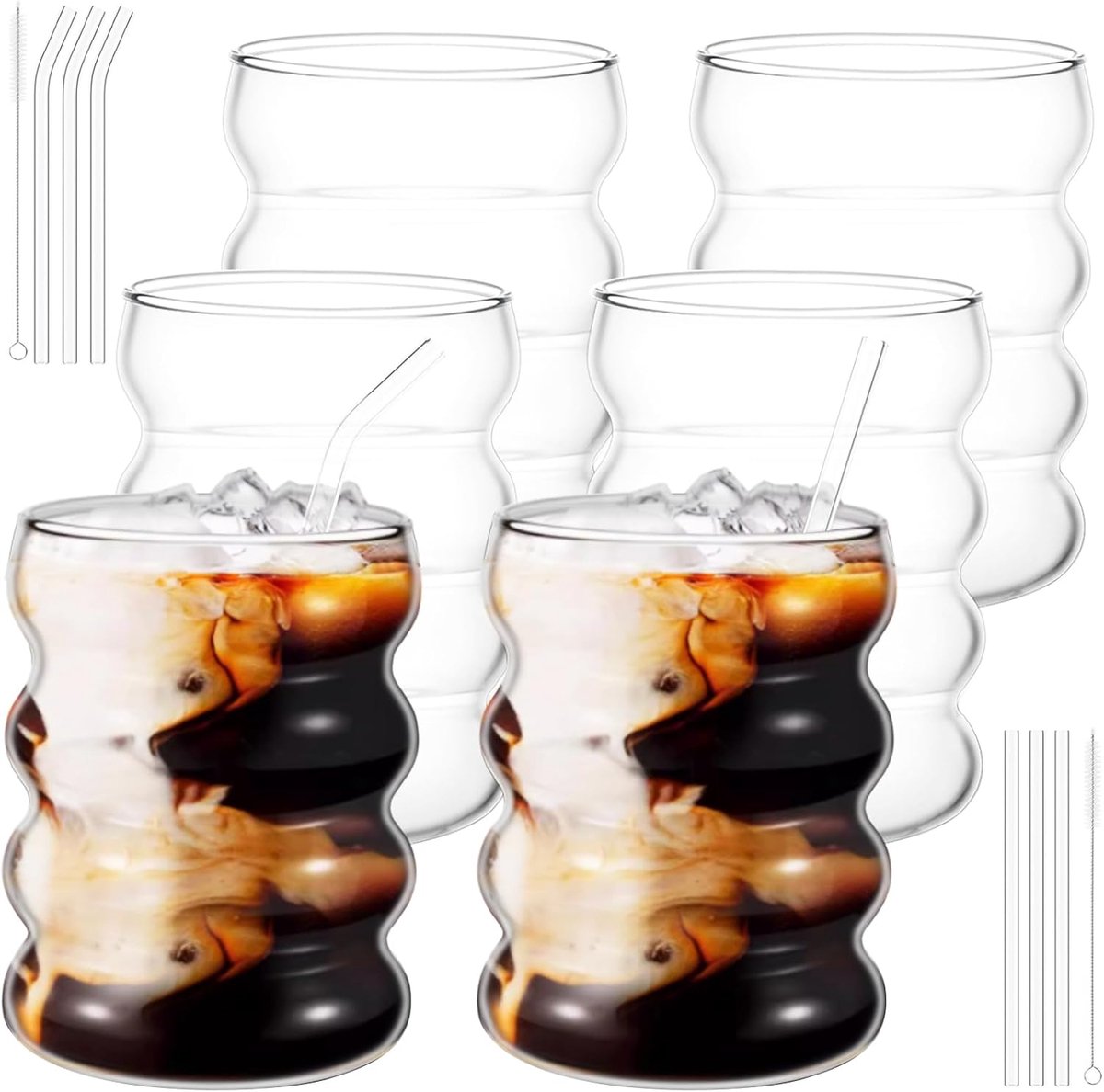 Set of 6 Ribbed Glasses, Bubble Glass Set with Glass Straw, 350 ml, Ribbed Drinking Glasses with Glass Straws, Tumbler - ShopVlot