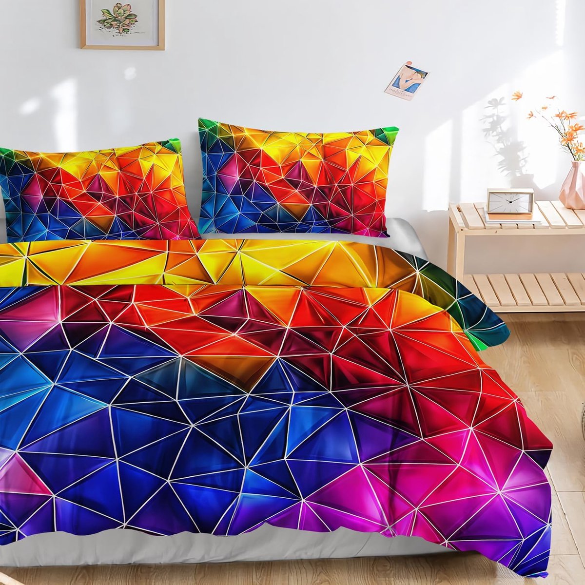 HOSIMA Colourful Triangle Print Bedding Set for Boys and Girls Duvet Cover and 2 Pillowcases (Colorful Triangle S) - ShopVlot