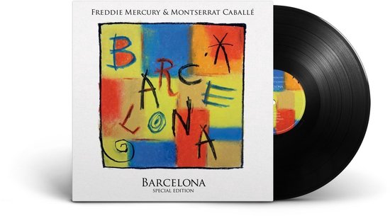 Vinylhoes met "BARCELONA" in kleurrijke blokken, "FREDDIE MERCURY & MONTSERRAT CABALLÉ" erboven.