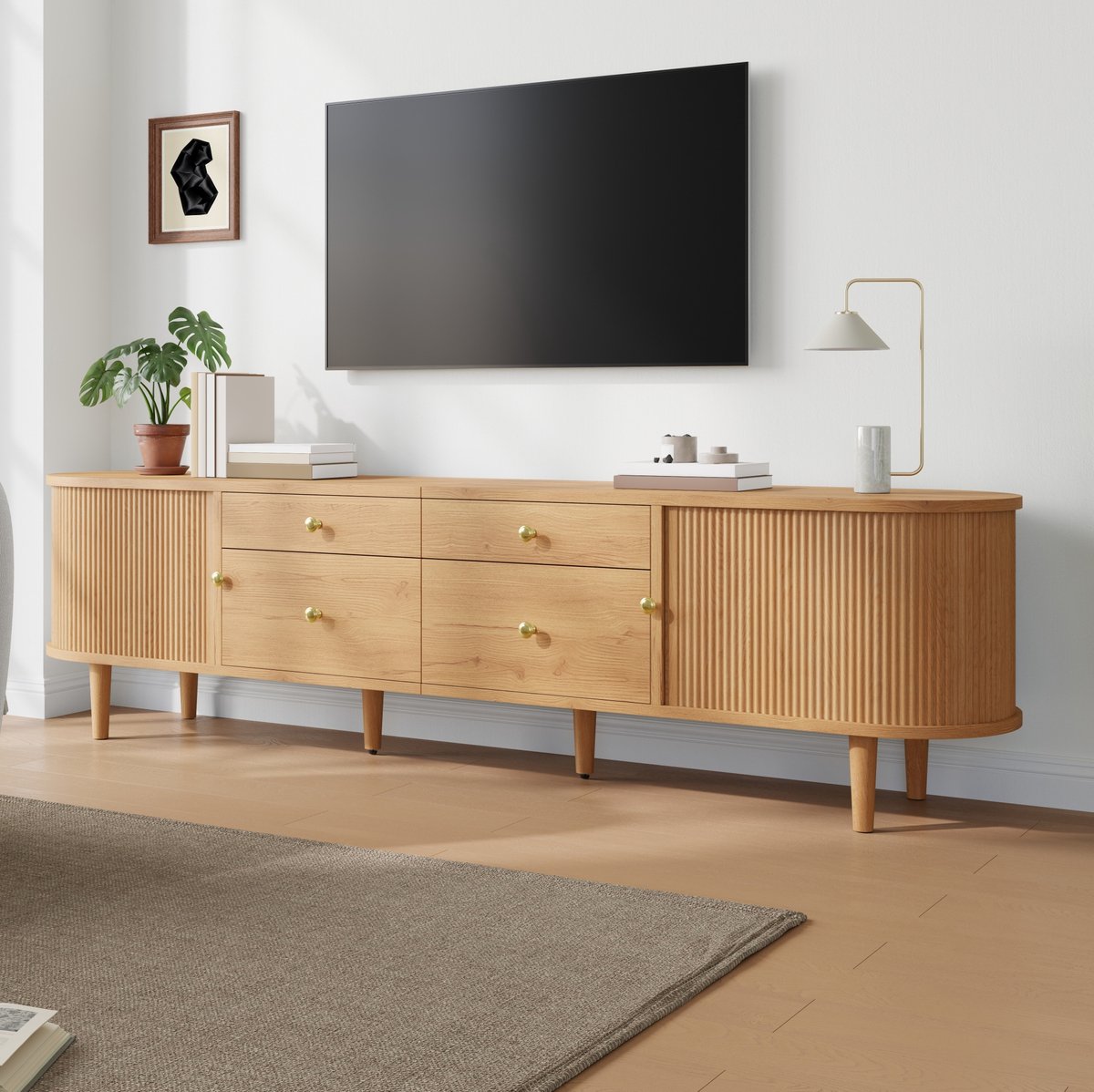 MIVRAY Tv Meubel - Met 4 Lades En Schuifdeuren - Voor Woonkamer En Slaapkamer - MDF En Spaanplaat - 180 Cm - Naturel