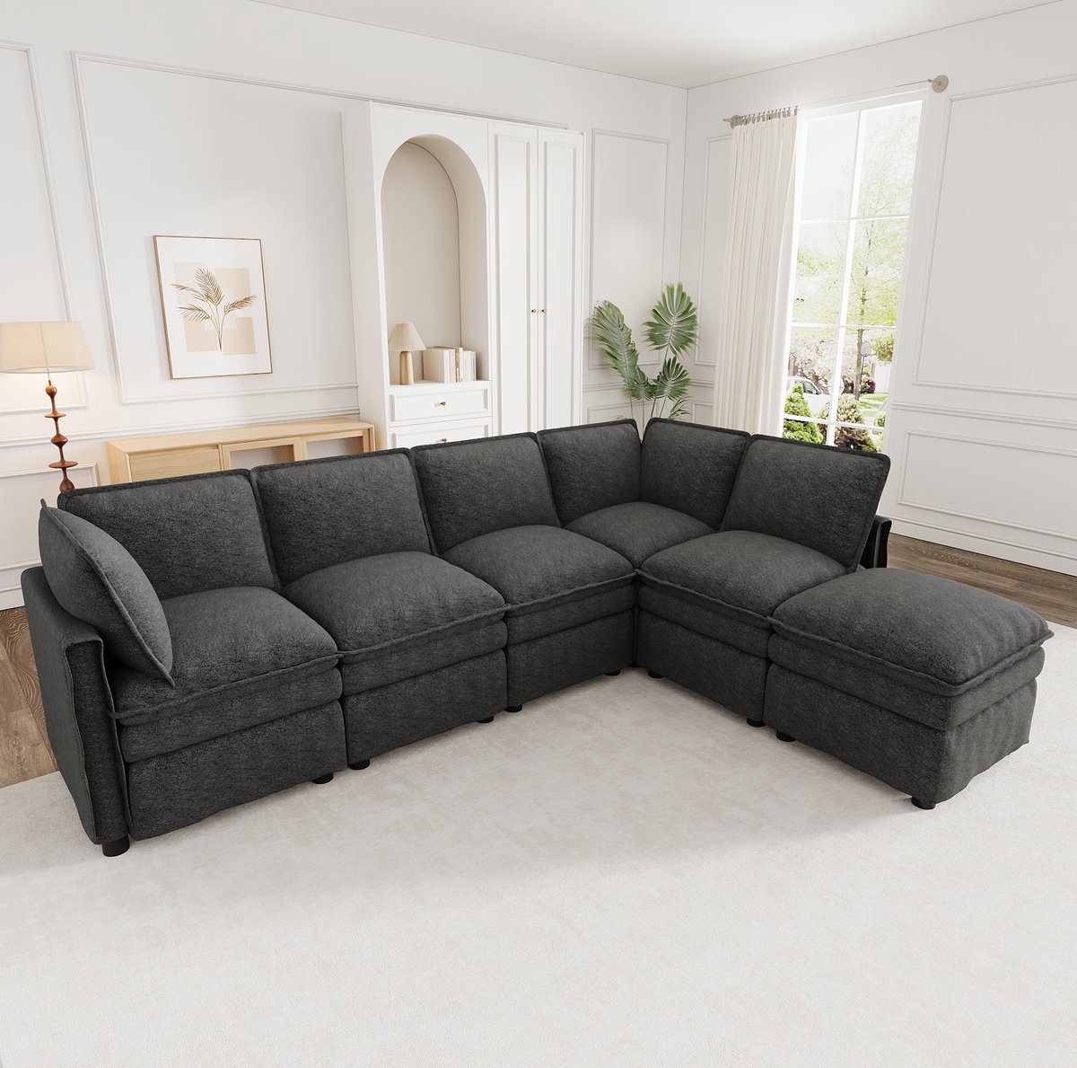 DESMIU Bank - Modulaire Hoekbank Met Slaappfunctie - U En L Opstelling - Voor Woonkamer En Kantoor - Chenille - Grijs