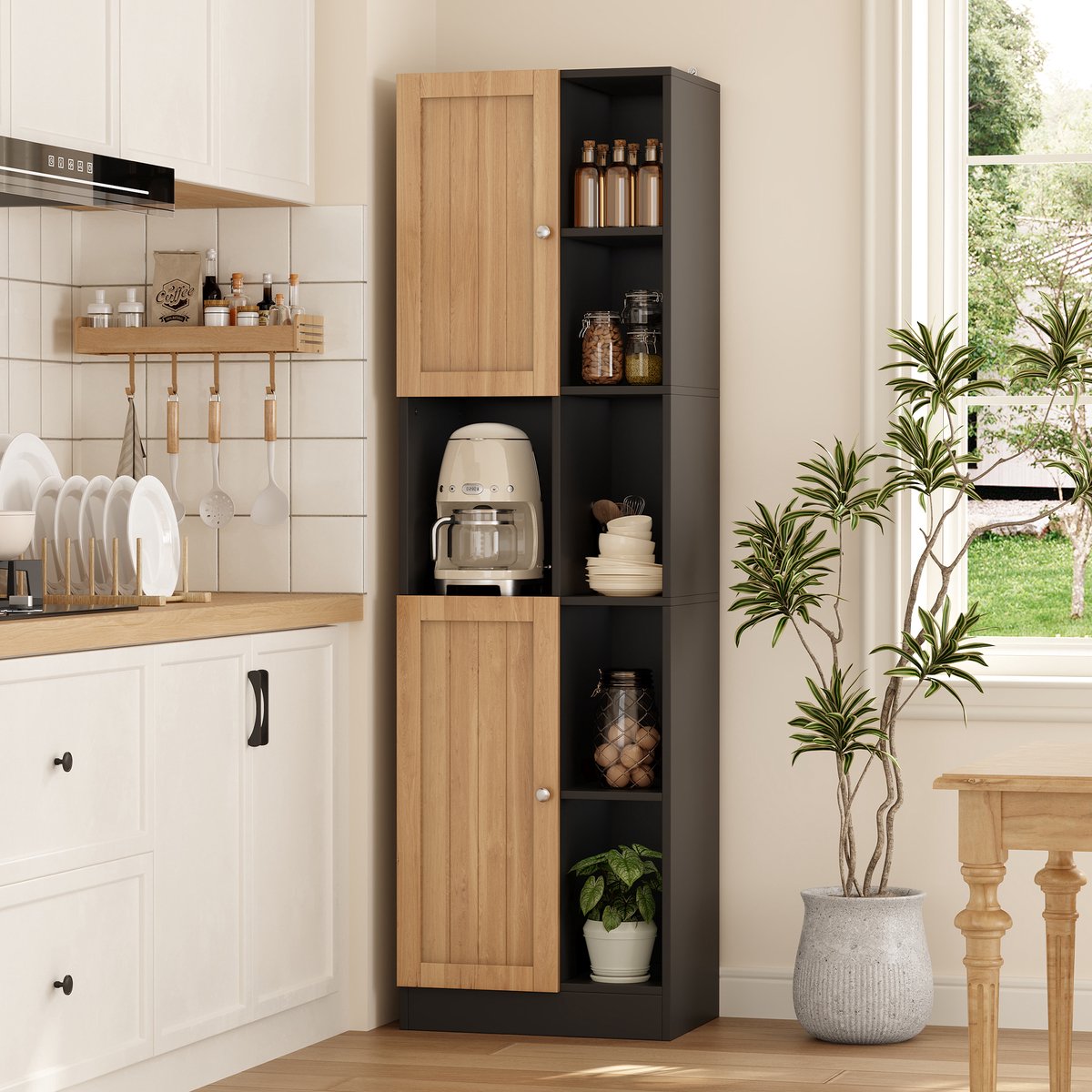 Clruro Keukenkast - 50 x 35,5 x 170 cm - Hoekmodel - 6 Vakken en 2 Deuren - MDF - Antraciet/Eiken