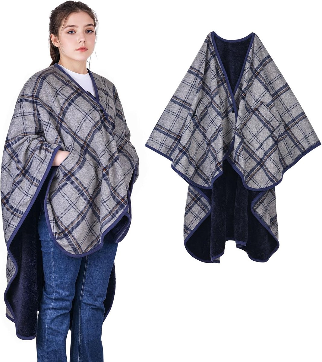 Women Poncho Fleece Wearable Blanket Flannel Scarf Blanket Comfortable Poncho Bedspread Cape with Buttons and Pockets - ShopVlot