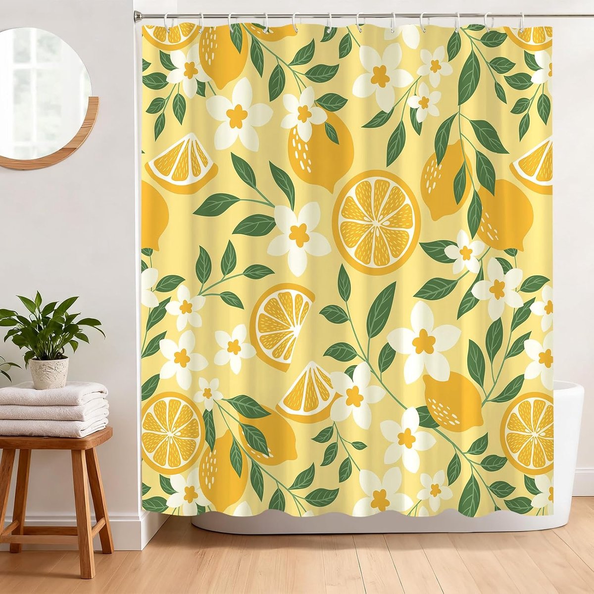 Waterdicht douchegordijn 180 x 180 cm bloemen en citroen douchegordijn voor badkamer decor schimmelbestendig polyester - ShopVlot