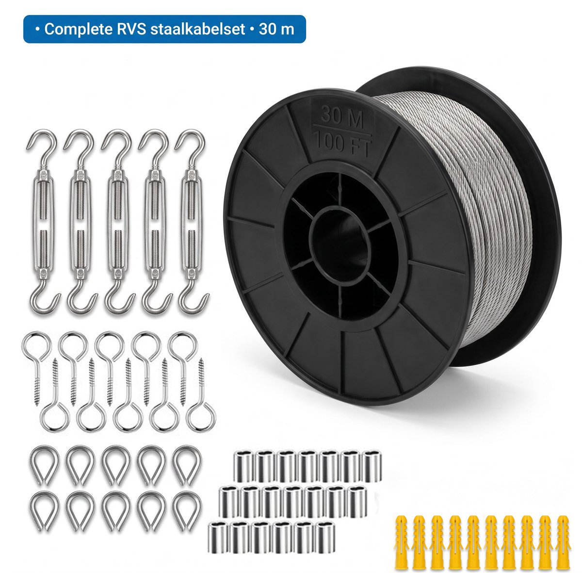 Namajunas - 56 stuks staalkabelset - Buitenverlichting geleidedraad - 30M/100FT 304 roestvrijstalen draadkabel - Staalkabel met oogjeshaken - voor Buiten Tuin Keuken - M5 spanschroef staalkabel - Spandraad systeem Voor Klimplanten - Waslijn