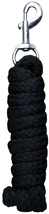 Zwart gevlochten halstertouw met zilverkleurige musketonhaak.
