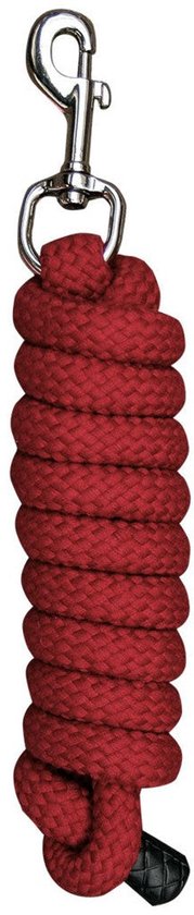 Rood halstertouw van gevlochten koord met metalen karabijnhaak.