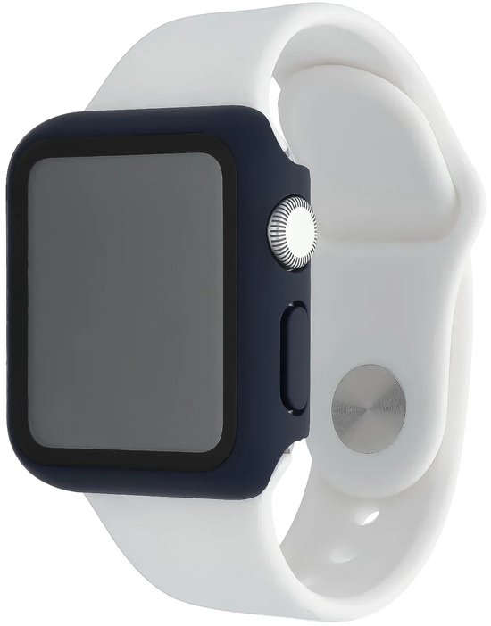 Wit horlogebandje met een donkerblauwe bumper case voor een smartwatch. De knop aan de zijkant is zilverkleurig.