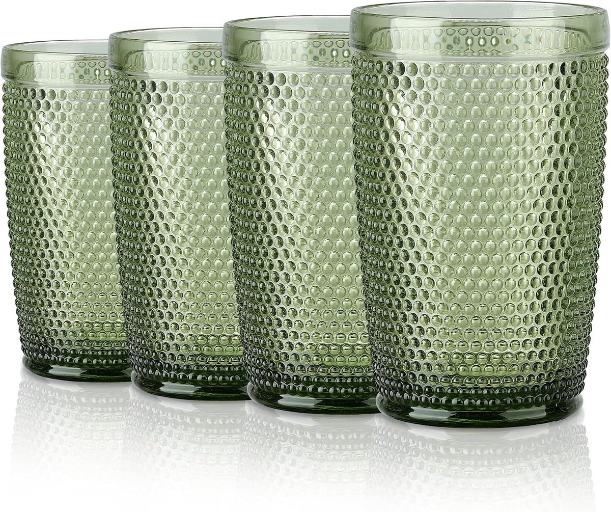 Limonadeglazen stapelbaar - Groen - Vaatwasmachinebestendig - Glas met Reliëf - Set van 4 Voor Thuis en Restaurant