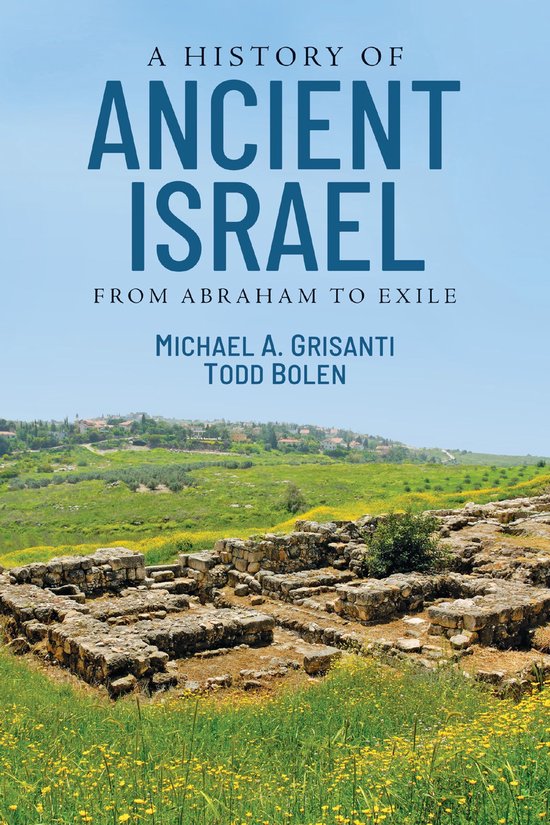 Boekomslag: A History of Ancient Israel, met ruïnes in een heuvelachtig landschap met gele bloemen onder een blauwe lucht.