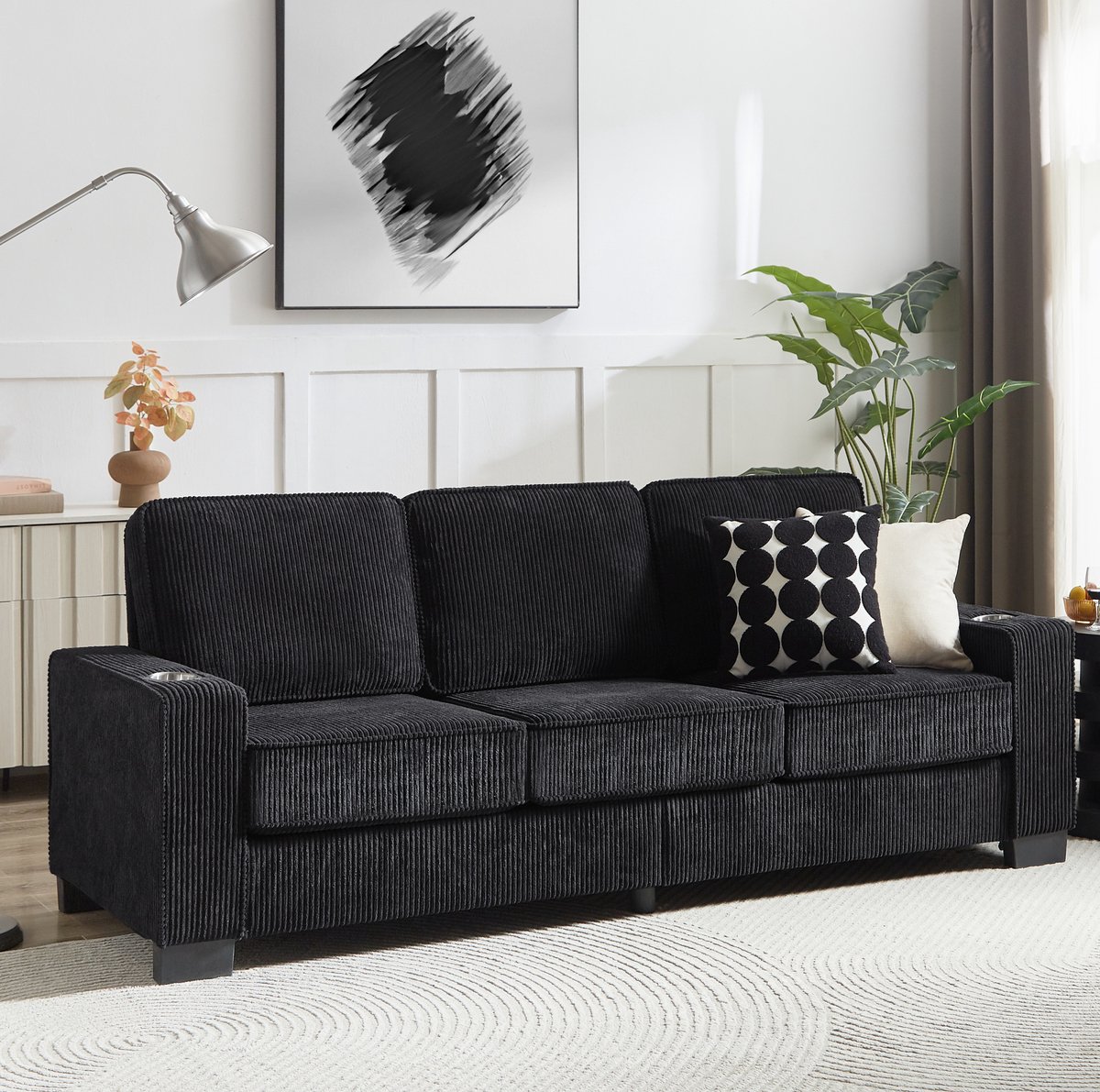 Zitbank 3-Zits - Comfortabele Cordstof Bank Met Bekerhouders In De Armleuningen - Voor Woonkamer, Slaapkamer En Kantoor - Zwart