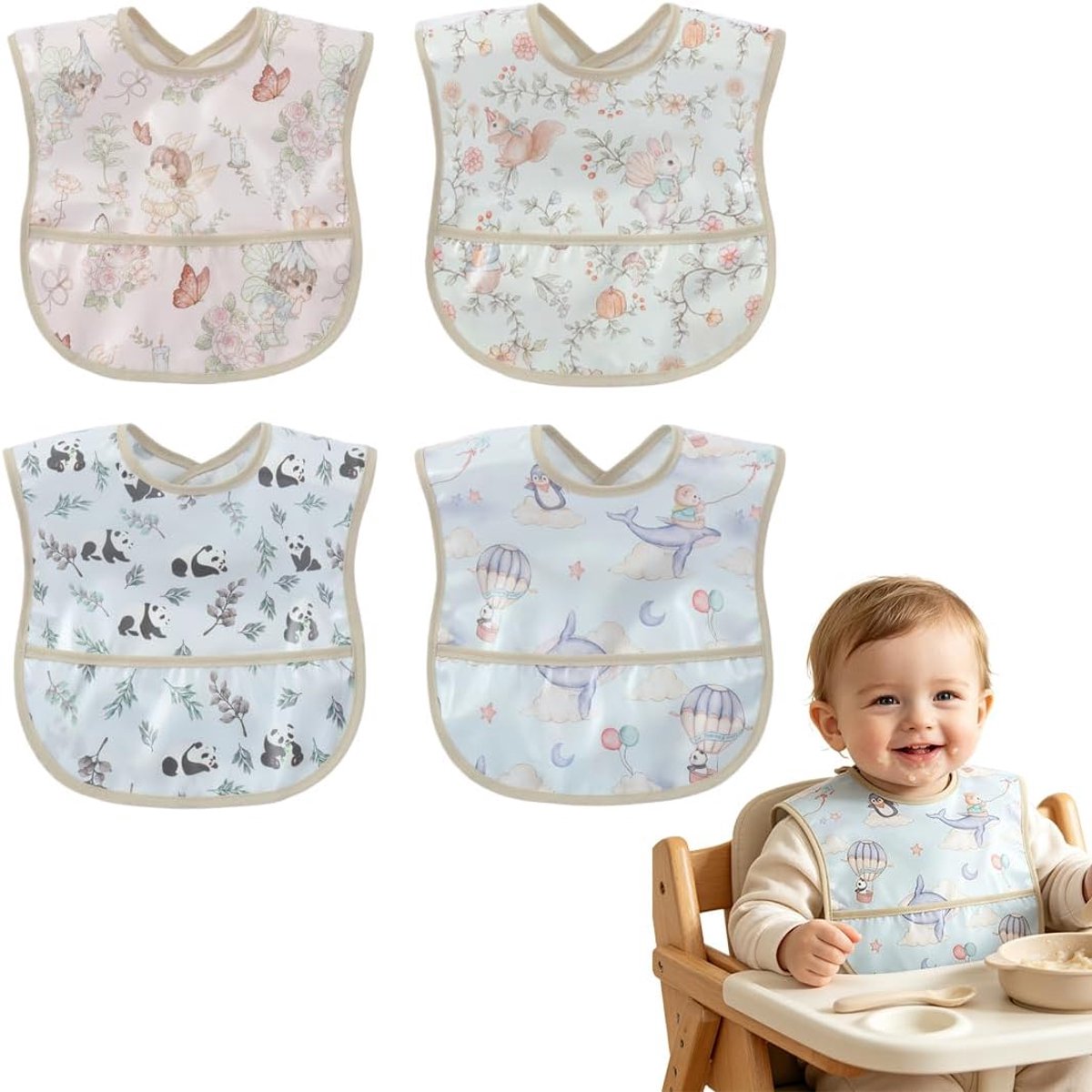 Waterdichte slabbetjes van katoen met dieren- en bloemenprint, 4 stuks - ShopVlot