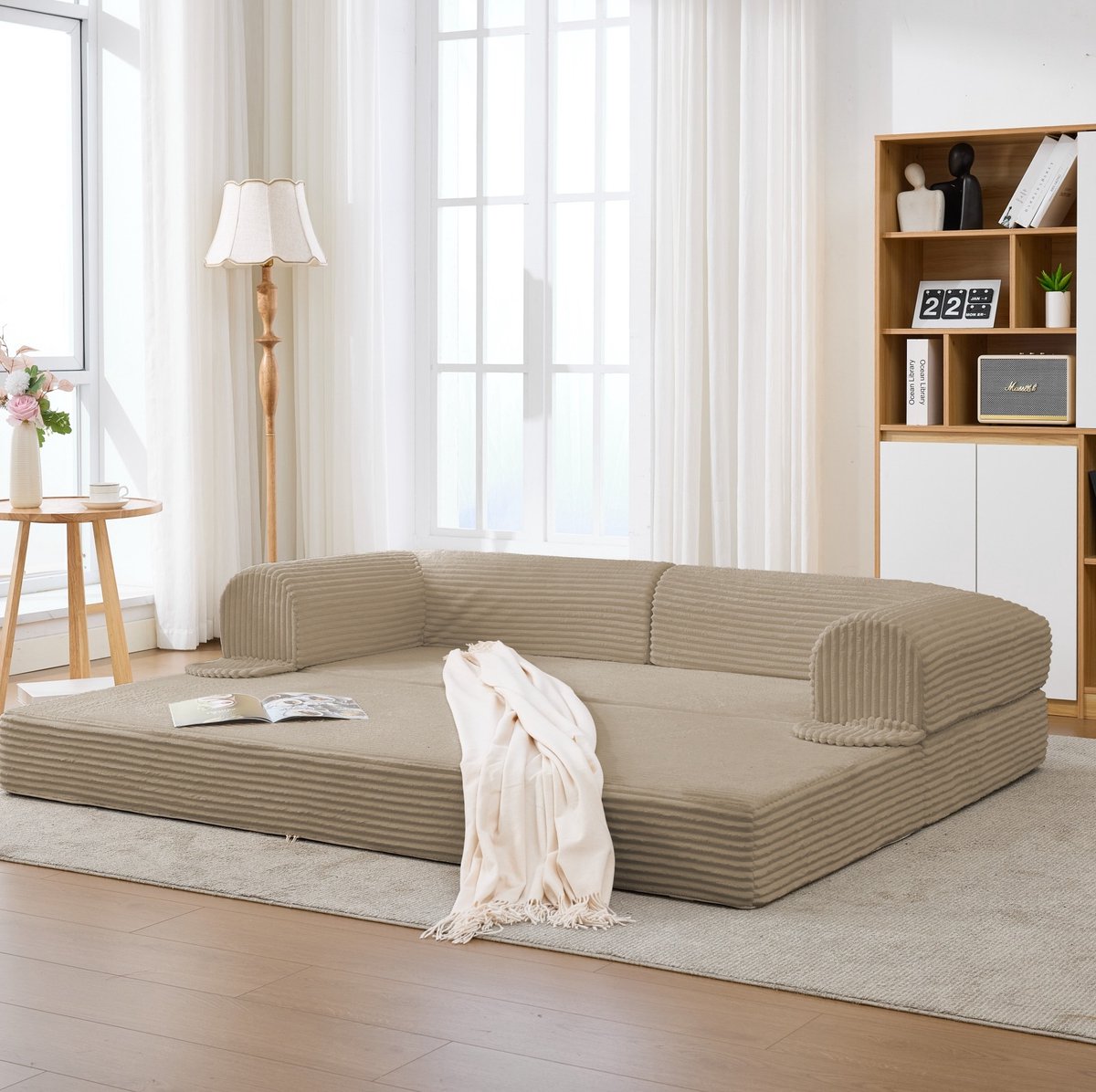MODENUIT Slaapbank 190 cm - Uitklapbaar 2-Zits Bed - Voor Woonkamer, Appartement En Logeerkamer - Stof Beige