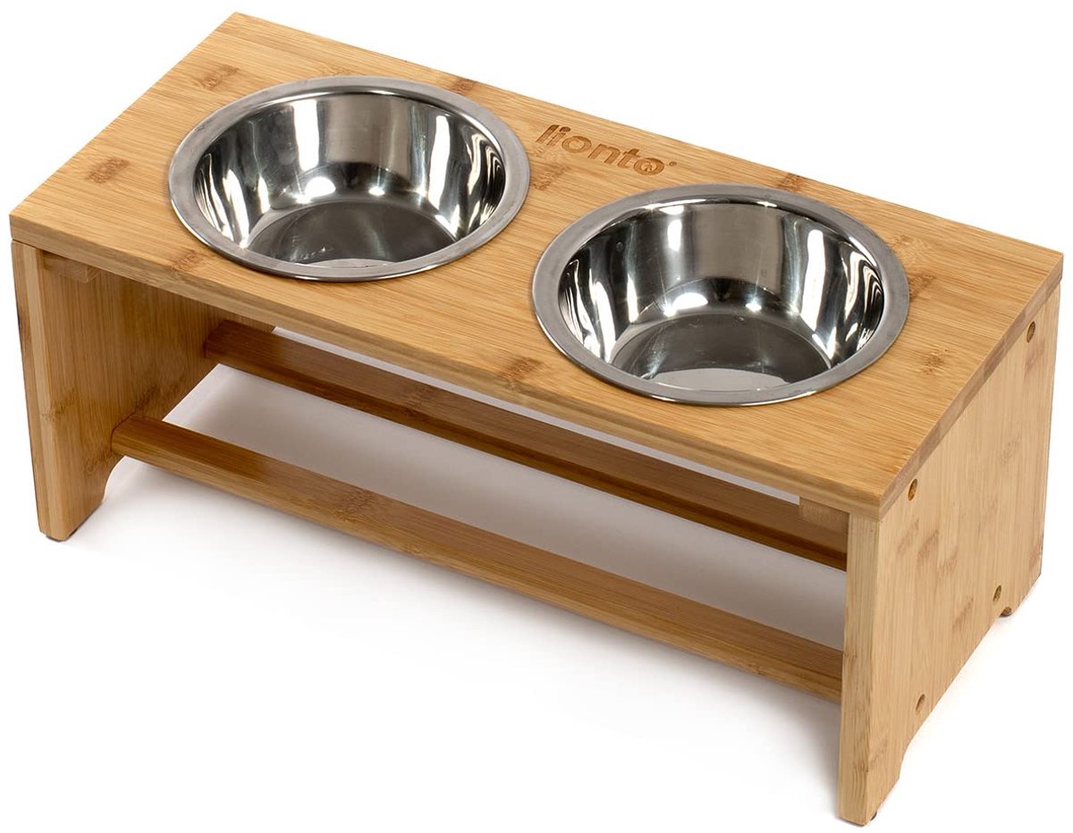Famanu – Verhoogde hondenbak van bamboe met 2 roestvrijstalen bakken, antislip, maat M, 44x20x19 cm