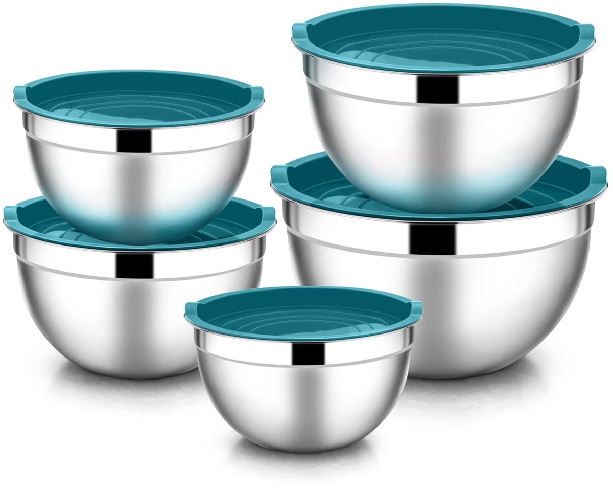 Famanu – Mengkommen set van 5 stuks van 100% roestvrij staal met luchtdichte deksels, 4,5 l, 2,7 l, 1,5 l, 1,2 l, 0,7 l, ideaal voor koken en bakken