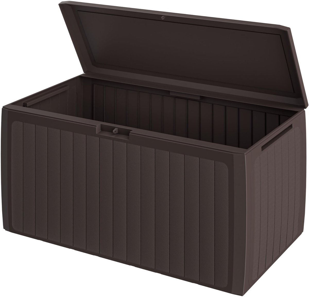 Famanu – Tuinbox van bruin kunststof, afsluitbare opbergbox van 290 l, UV-bestendig met handgrepen en wielen, 117 x 47 cm
