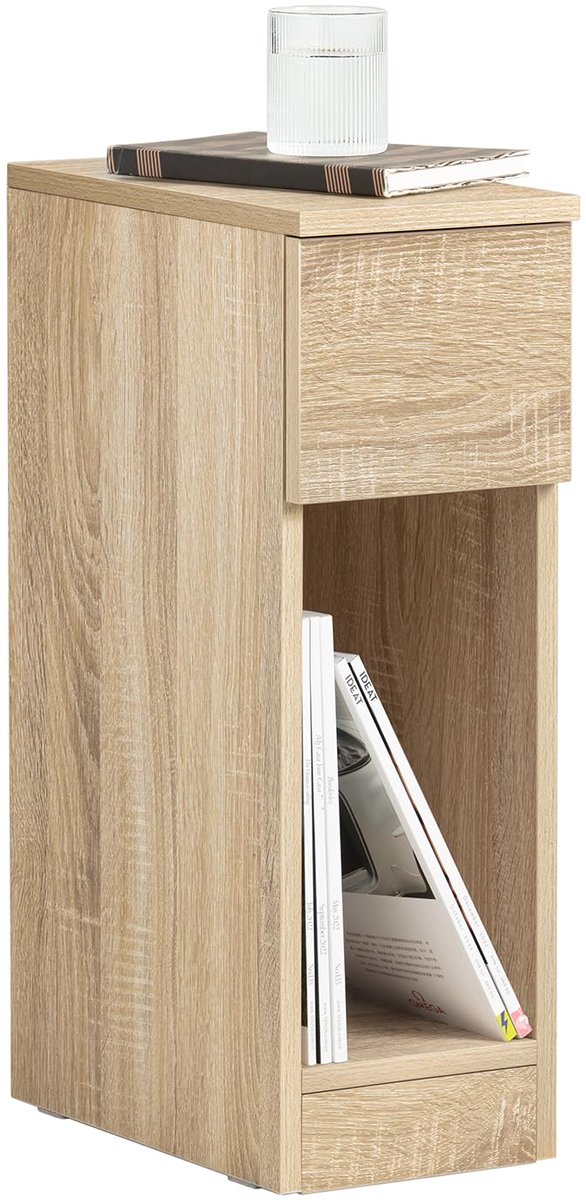 Famanu – Smal nachtkastje met lade en plank, ideale bijzettafel voor slaapkamer en woonkamer, afmetingen × × cm, naturel