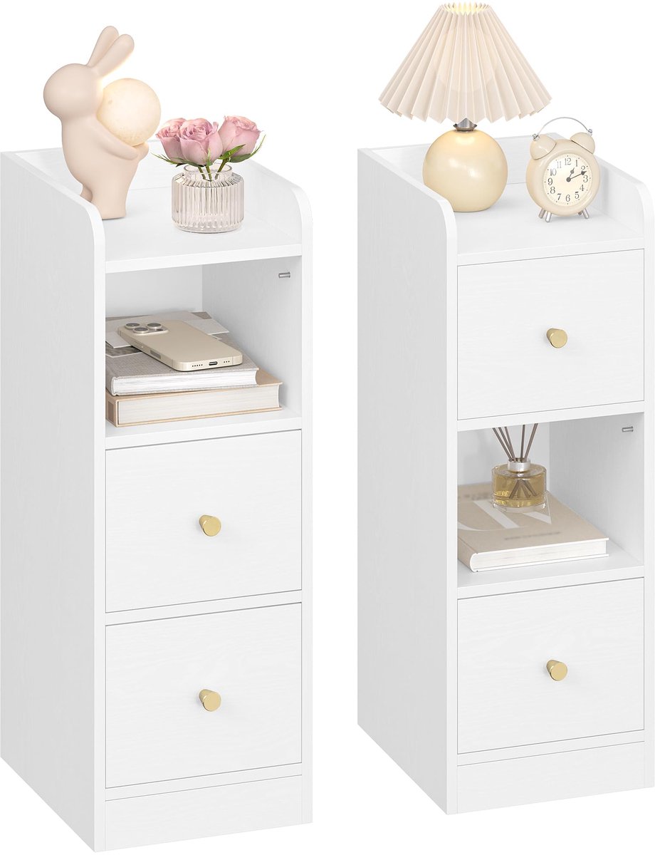 Famanu – Smalle bijzettafel met 2 laden, nacht kastje met open vak, verstelbare ladepositie voor slaapkamer en woonkamer, 30 x 24 x 65 cm, wit, set van 2