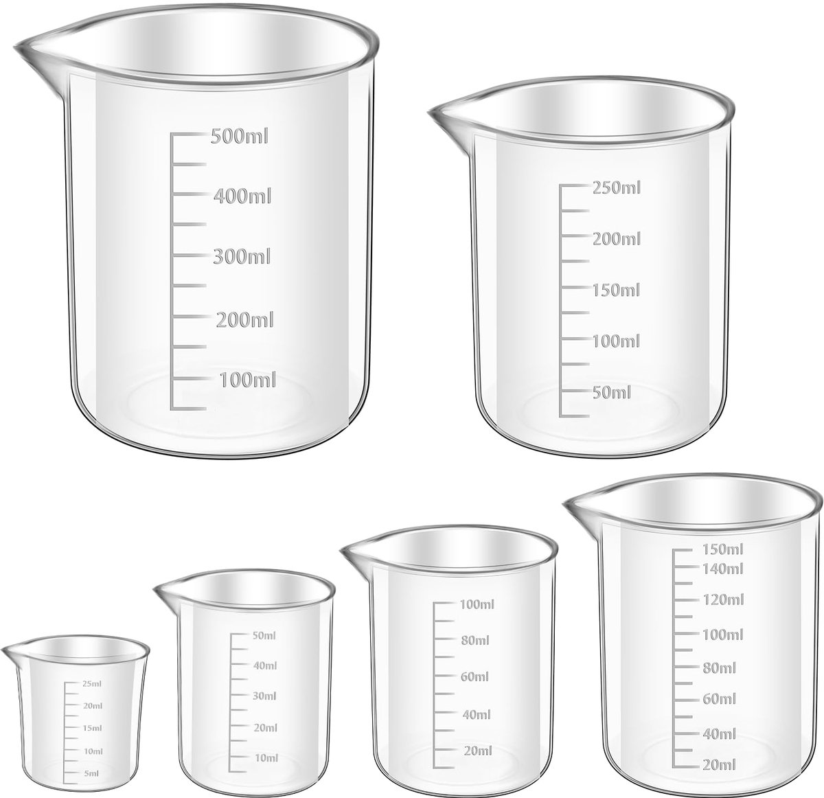 Famanu – Maatbekerset van 6 stuks, precisie kunststof maatbekers van 25 ml tot 500 ml, hittebestendig, voor laboratorium en keuken