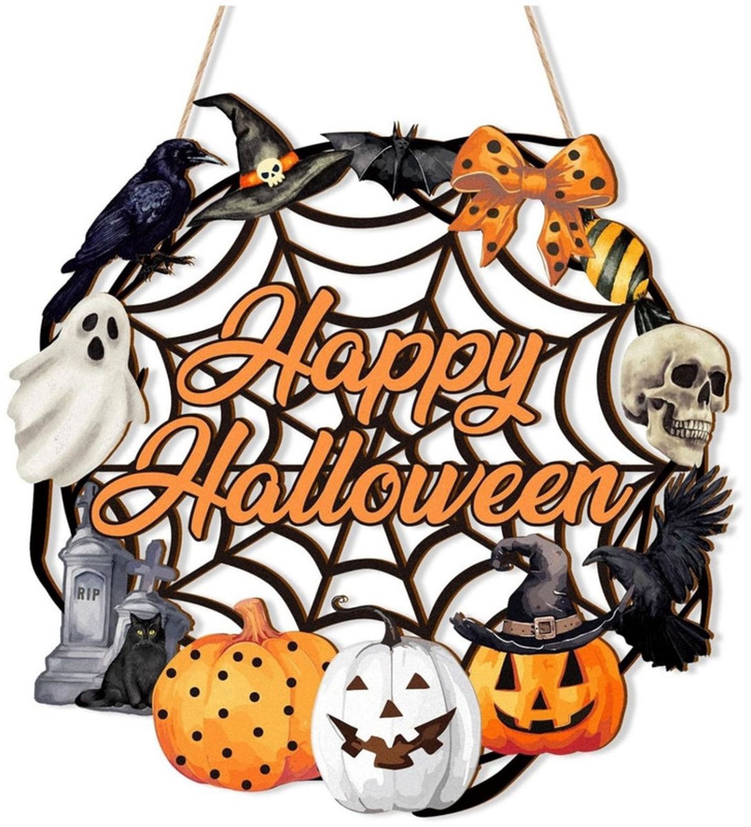 Houten Halloween Deurhanger - 30*30*0,5 cm - Halloween Deurbordje - Muurhanger - Feestelijke Decoratie - Deurdecoratie - Muurdecoratie - Pompoen Muurhanger - Halloween Bordje - Geschikt voor Halloween deuren of muren op terrassen en in huis.