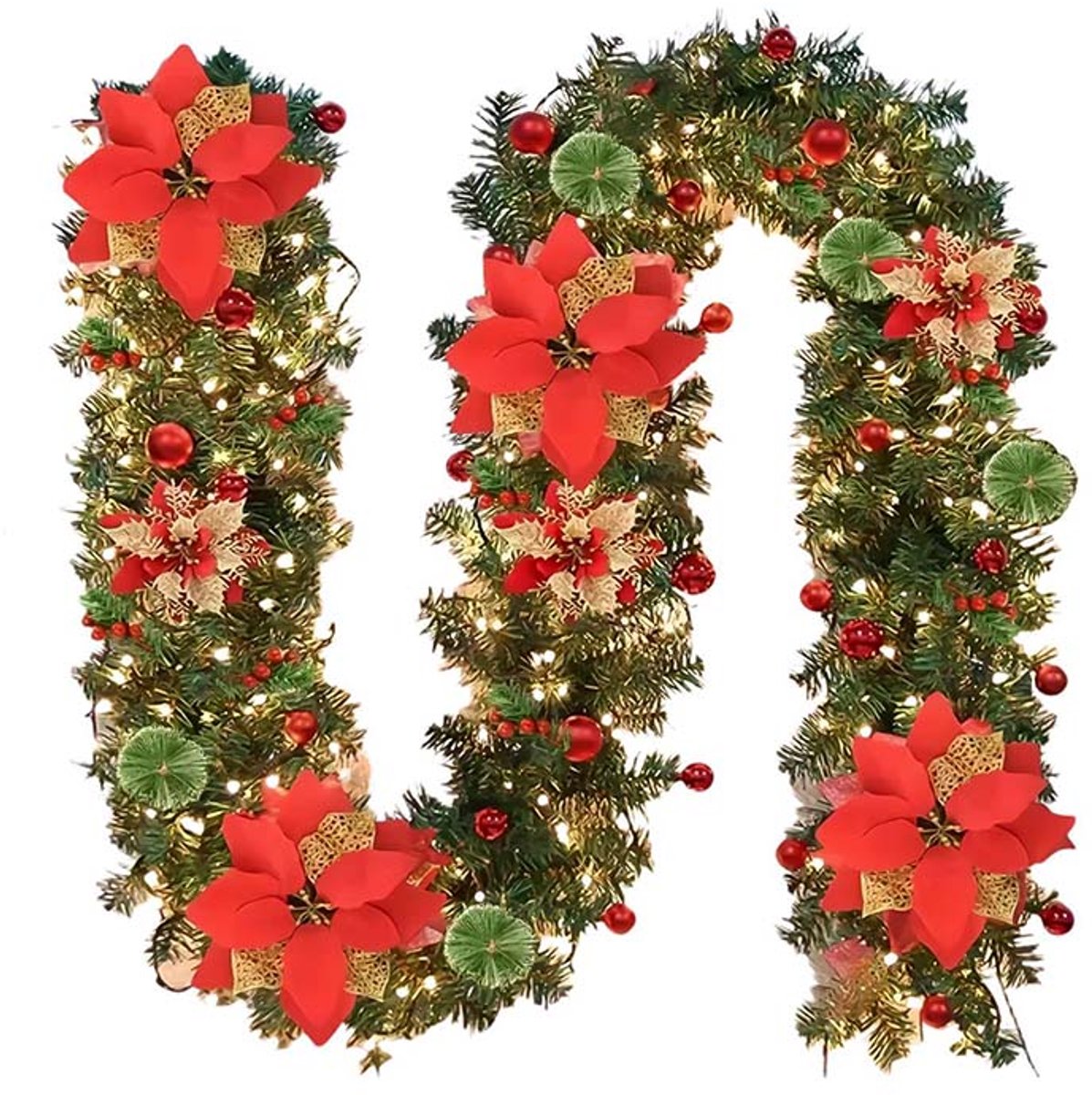 Kerst decoratieve slinger 270 cm - Kerstkrans met LED verlichting - Feestdecoratie voor trapleuning, muur, deur en binnen/buiten - Inclusief rode bloemen, decoratieve bollen, bessen en ceder - Kerst serie huisdecoratie - Rood