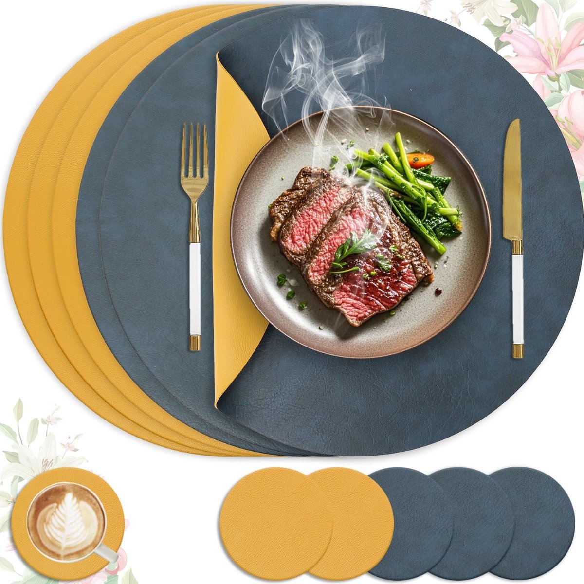 Set van 6 placemats van imitatieleer met onderzetters, lederlook, dubbelzijdig, antislip, afwasbaar en waterdicht, rond, 33 cm, blauw + geel