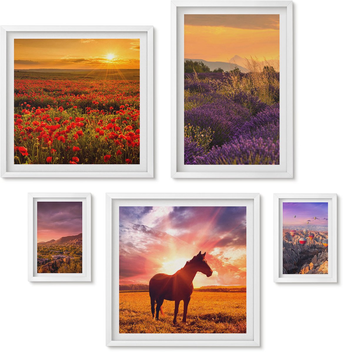 Wallfluent 5-Delige Schilderij Set - Natuurlandschappen Met Paarden En Bloemen In De Buitenlucht - 50 x 50 cm, 20 x 30 cm En 40 x 60 cm - Muurdecoratie - Interieur Decoratie - Moderne Wanddecoratie