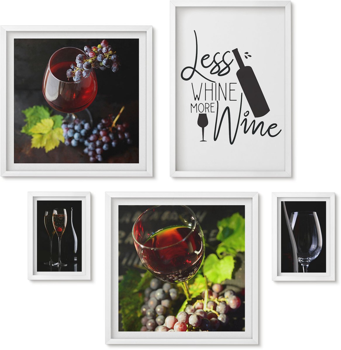 Wallfluent 5-Delige Schilderij Set - Stijlvolle Wijn- En Wijnproeverijaccessoires - 50 x 50 cm, 20 x 30 cm En 40 x 60 cm - Decoratieve Schilderijen - Woonkamer - Interieur - Interieur Decoratie