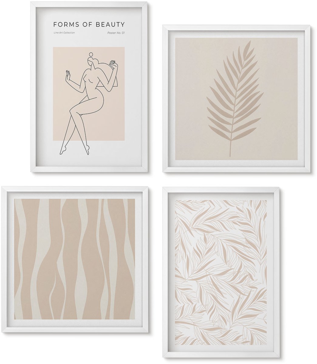 Wallfluent 4-Delige Schilderij Set - Minimalistische Stijl Met Botanische Motieven - 40 x 40 En 40 x 60 - Muurdecoratie - Wanddecoratie - Slaapkamer