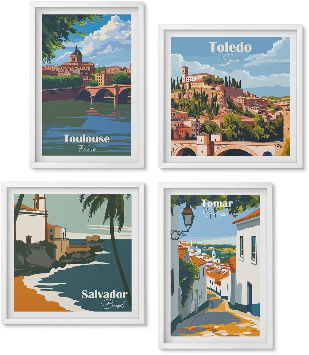 Wallfluent 4-Delige Schilderij Set - Grafische Afbeeldingen Van Beroemde Steden In Retrostijl - 40 x 40 En 40 x 60 - Stijlvolle Wanddecoratie - Interieur - Muurdecoratie