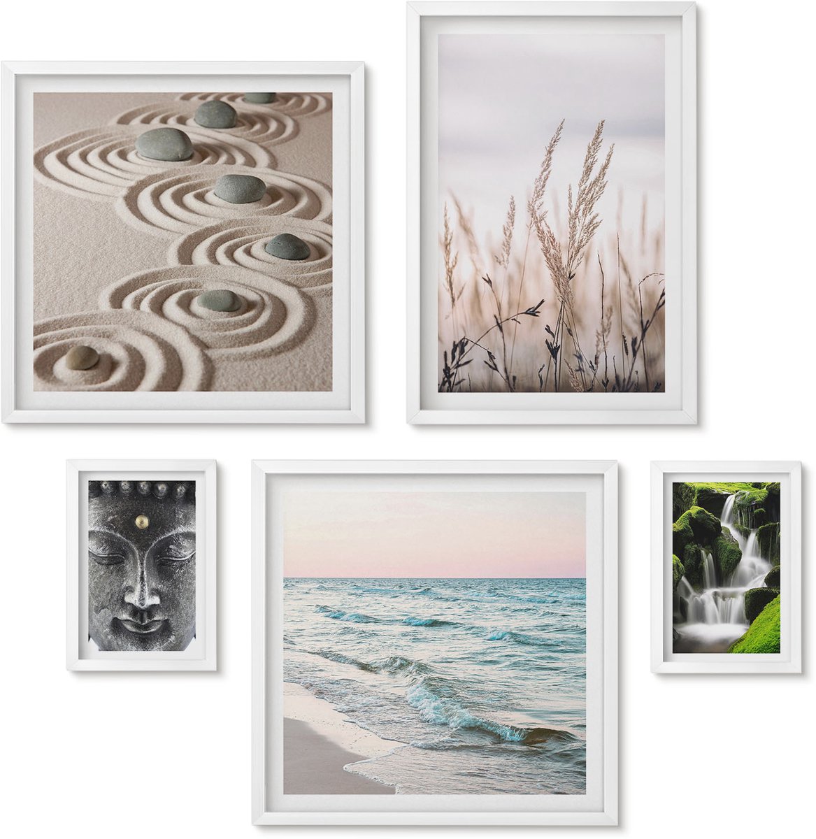 Wallfluent 5-Delige Schilderij Set - Rustgevende Natuur, Kalmte Van Het Water En Harmonie Van Zen. - 50 x 50 cm, 20 x 30 cm En 40 x 60 cm - Muurdecoratie - Wanddecoratie - Hal - Decoratieve Schilderijen