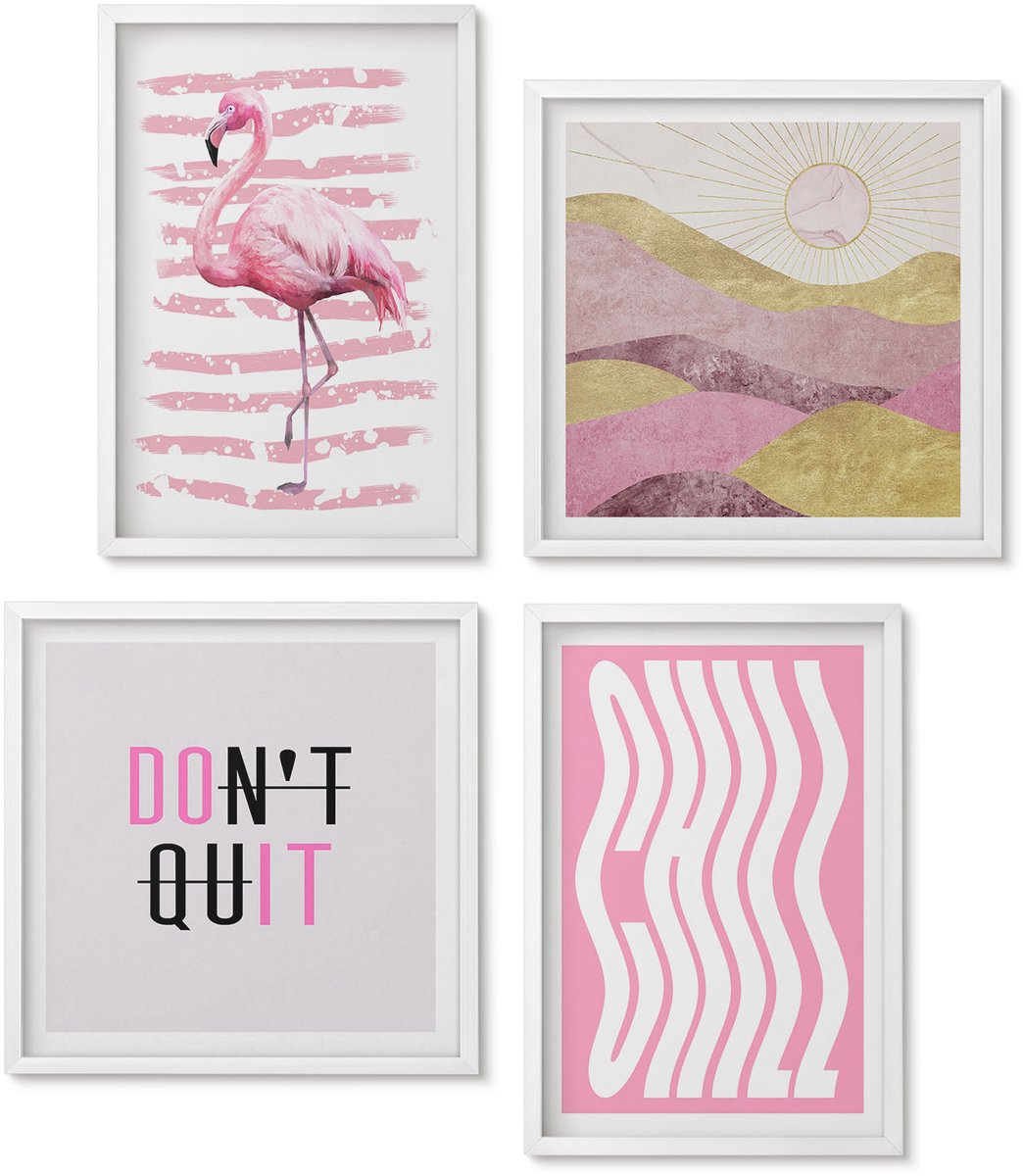 Wallfluent 4-Delige Schilderij Set - Roze Flamingo'S Pastel Berglandschap Belettering - 40 x 40 En 40 x 60 - Muurdecoratie - Interieur Decoratie