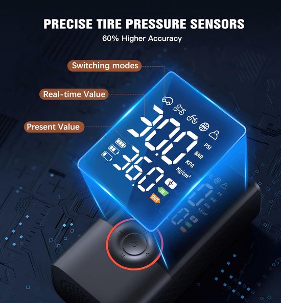 Draagbare draadloze bandenpomp - Mini-compressor met digitale drukmeter - 150PSI & 3x sneller oppompen - Automatische uitschakeling & grote accu - Universeel oppompapparaat voor auto's, motoren, fietsen en ballen — afbeelding 2