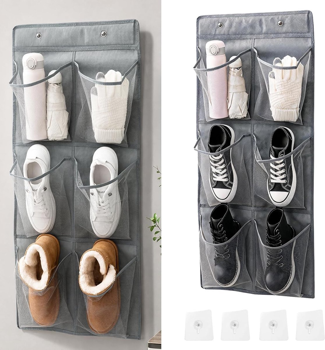 Schoenenrek deur - Grijs - Opvouwbaar met 6 zakken - Vliesstof hangende organizer voor schoenen en accessoires