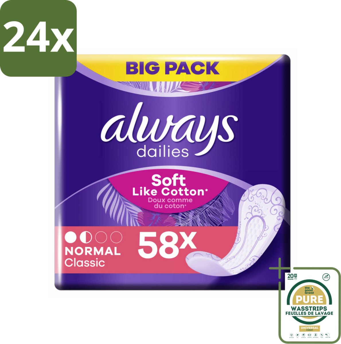 Always - Inlegkruisjes - Normal - Zacht - 58 Inlegkruisjes - Voordeelverpakking - 24 stuks - Inlegkruisjes normaal - Inlegkruisjes zacht