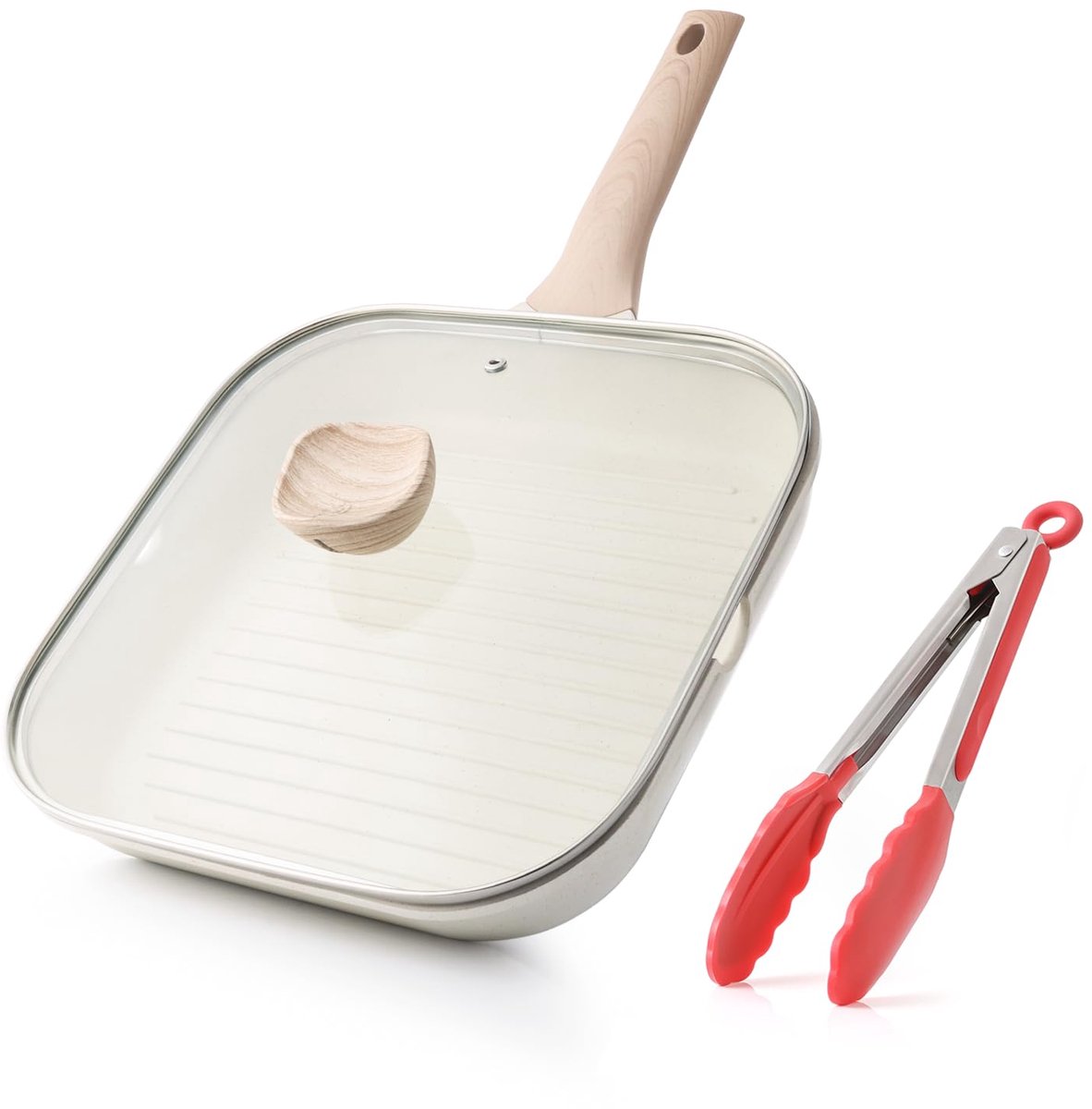 Grillpan 28 cm - Vierkant met Deksel - Gezonde Coating - Ideaal voor Inductie - ShopVlot