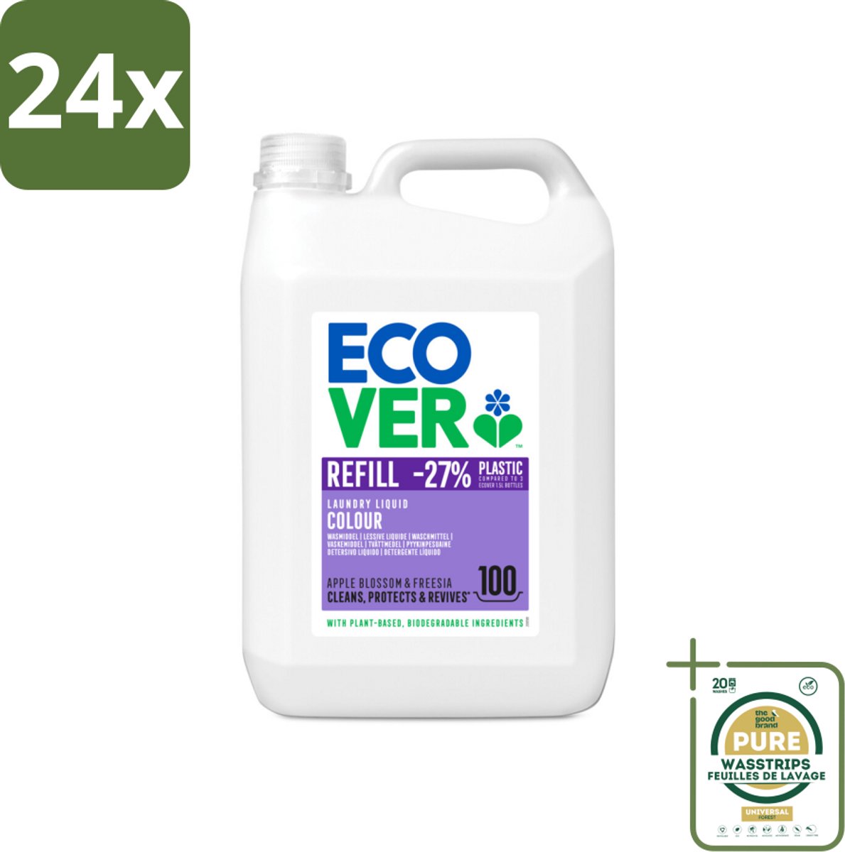 Ecover - Vloeibaar wasmiddel - Color - Appelbloesem & Freesia - 5 liter - 100 wasbeurten - Voordeelverpakking - 24 stuks - Biologisch wasmiddel - Plantaardig wasmiddel