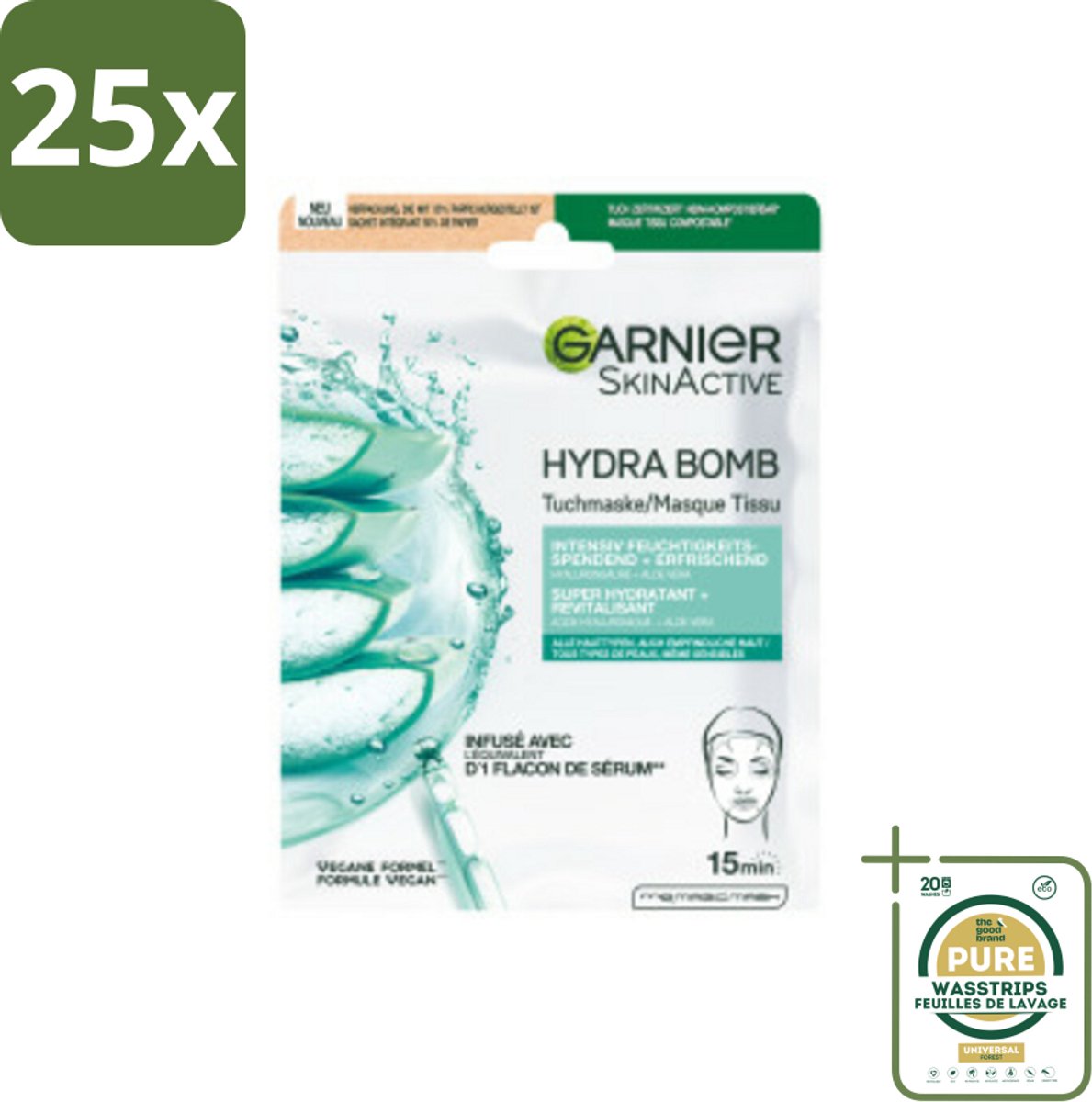 25 x Garnier - SkinActive - Hydrabomb Tissue Masker - Hyaluronzuur & Aloe Vera - Super Hydraterend - 1 Gezichtsmasker - Grootverpakking - Hyaluronzuur Masker - Aloe Vera Masker - Gezichtsmasker - Hydratierende Masker - Super Hydraterend Masker