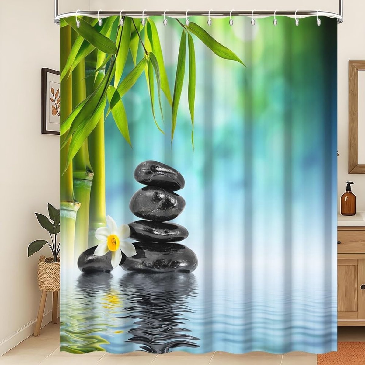 Douchegordijn 200x180cm - Bokeh Spa Groene Bamboe - Waterdicht - Eenvoudig in gebruik - ShopVlot
