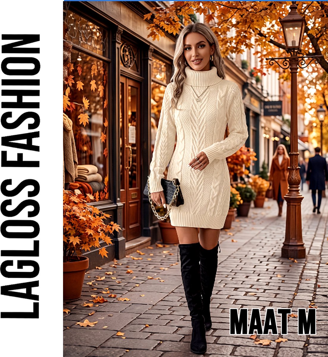 LaGloss® Dames Trui-Jurk Beige – Kabelgebreide Winterjurk met Hoge Hals en Lange Mouwen - Maat M
