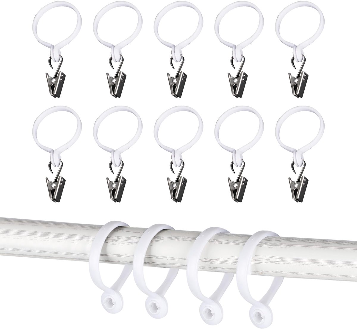 Hontaog 10 stuks gordijnringen met clips, douchegordijnhaken, gordijnhaken met clips, douchegordijnringen - ShopVlot
