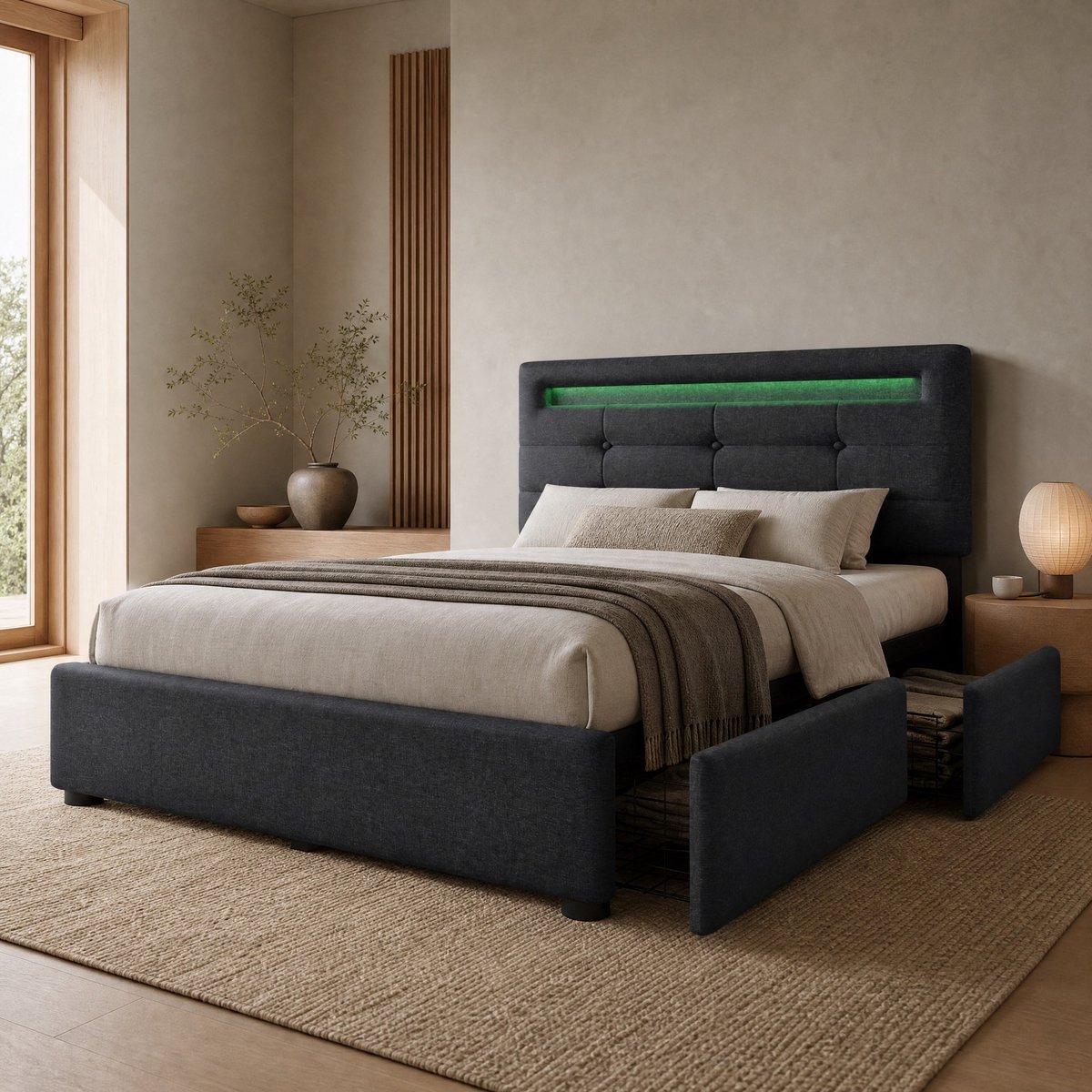 Bed 90x200 cm - Eenpersoonsbed Met Led Verlichting En 2 Lades - Verstelbaar Hoofdeinde - Met Opbergruimte Voor Slaapkamer - Stof - Grijs - Zonder Matras
