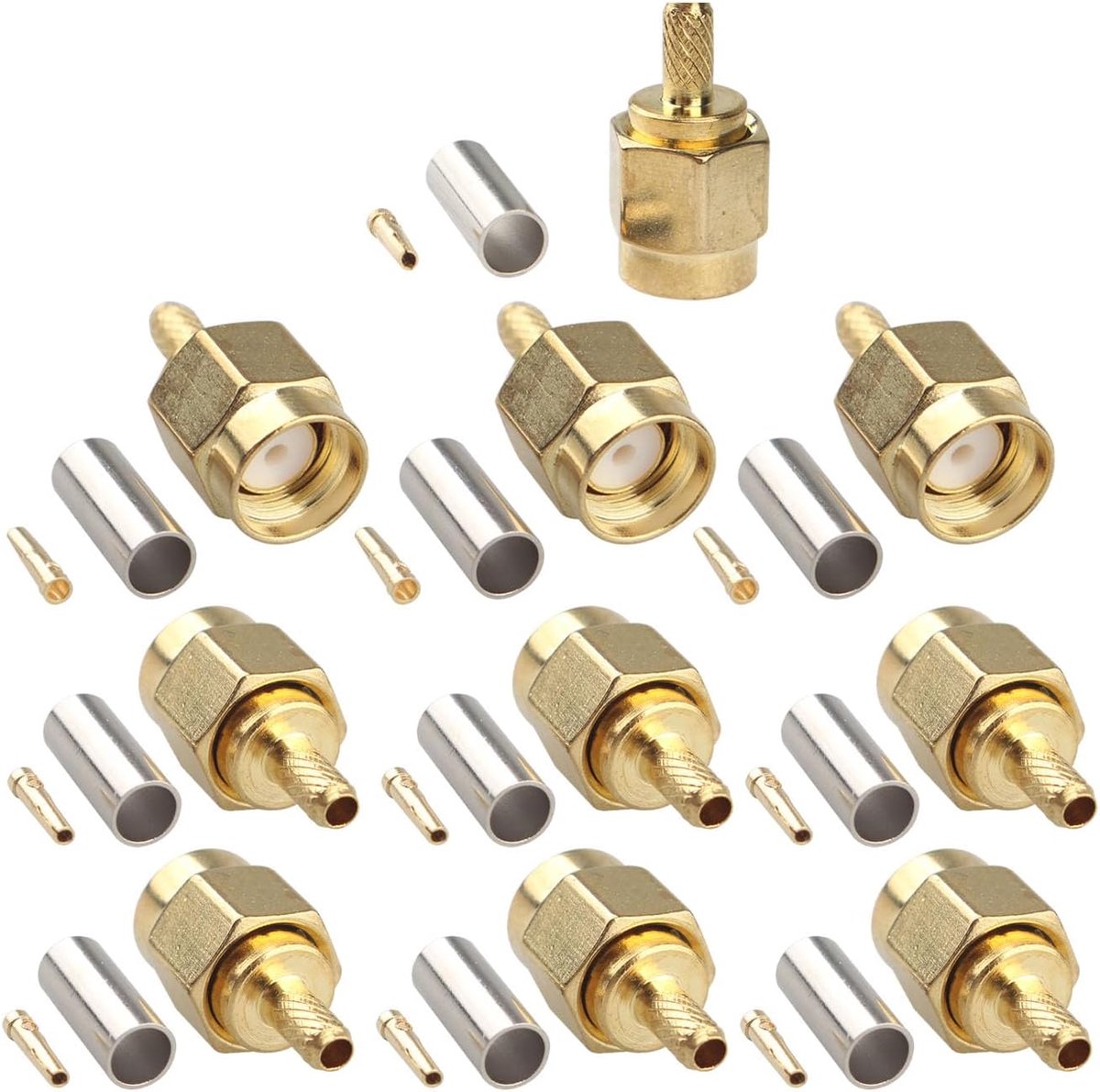 SnelShoppen - 10 Stuks RP-SMA Male Crimp Solder Coaxiale RF Connectoren - Goud Geplateerde Koper Plug - Geschikt voor RG174 RG316 RG188 RG188A LMR100