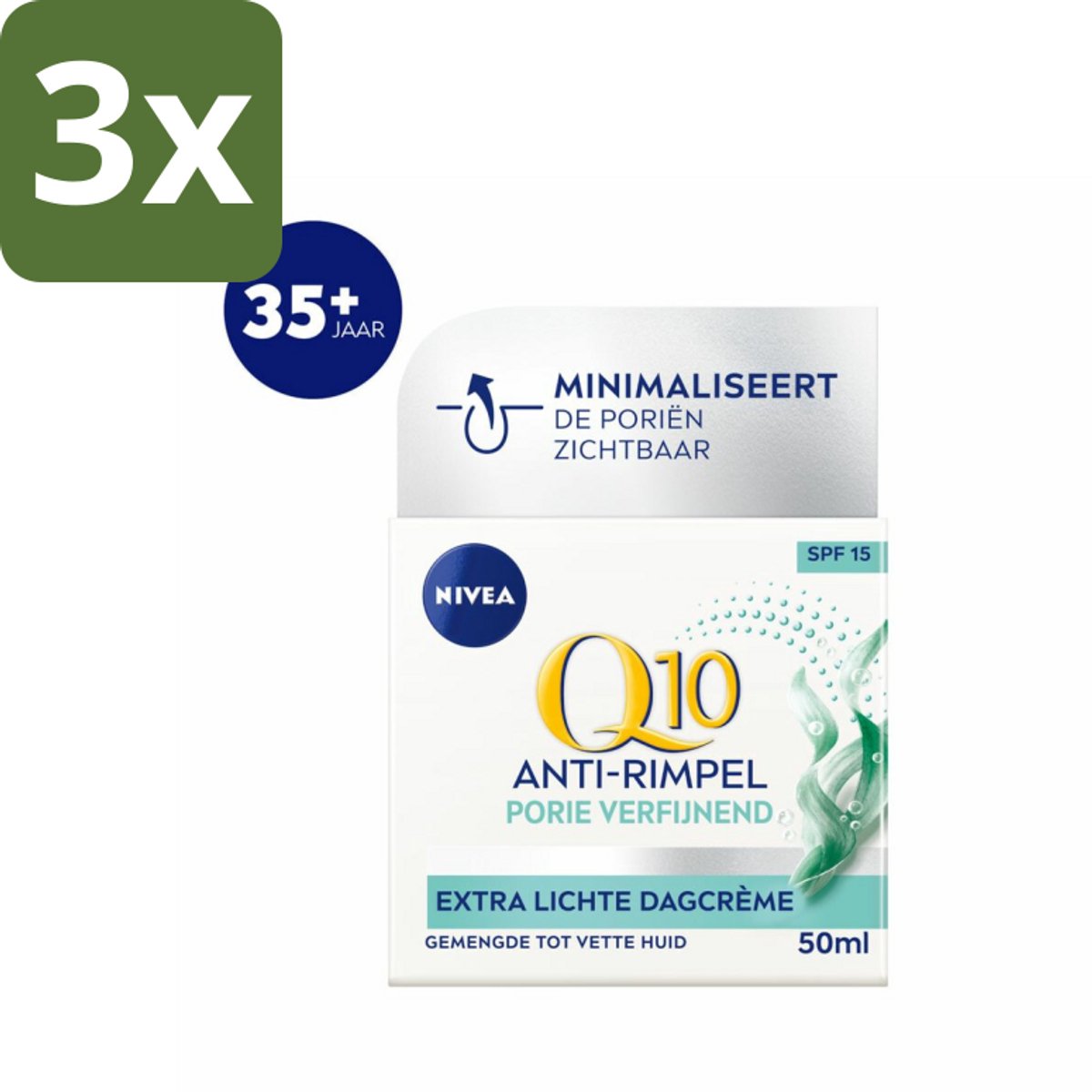 NIVEA - Q10 POWER Dagcrème - Anti-Rimpel Gezichtscrème - Poriën Verfijnend - Voor gemengde tot vette huid - SPF 15 - 50 ml - Bulkverpakking - 3 stuks